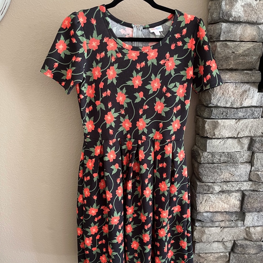 LuLaRoe black short sleeve dress with red flowers and green vine. Zipper closure